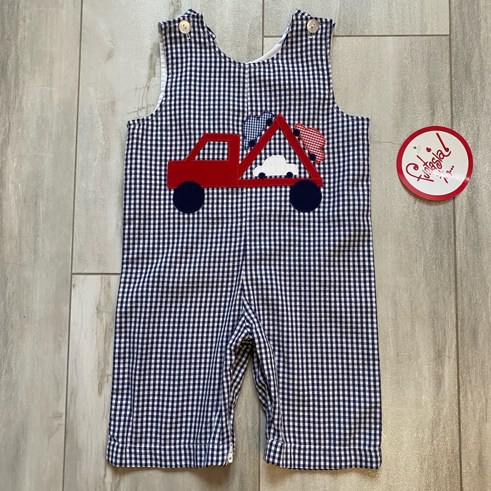 NWT Funtasia Too! Navy Gingham Transport Truck Longall Overalls Romper, boys 6M